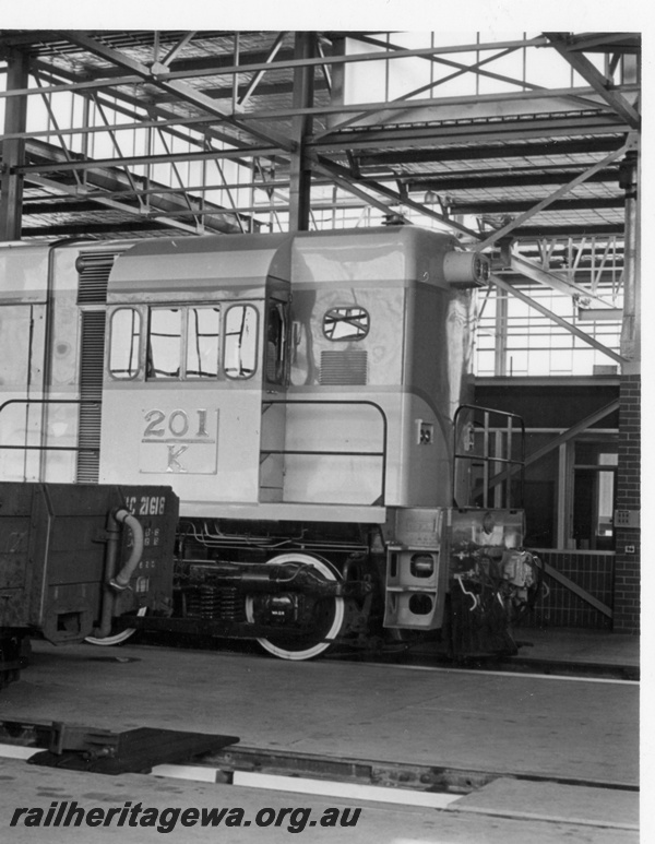P18381
K class 201, inside Avon loco shed, side and end view of short end
