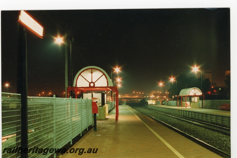 P18722
New station buildings, West Perth, suburban stopping place, at night, just after opening. Name of the station changed to City West 19/11/1987
