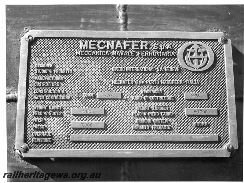 P18864
Mount Newman (MNM) Mecnafer SPA rail tamper - builders plate.
