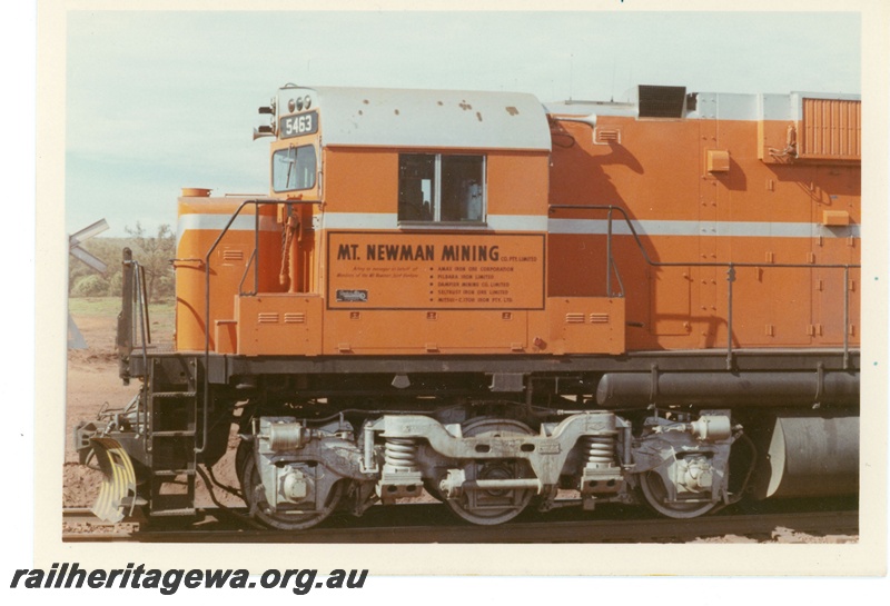 P18869
Mount Newman (MNM) C636 class 5463 at Newman - side view of cab and bogie.
