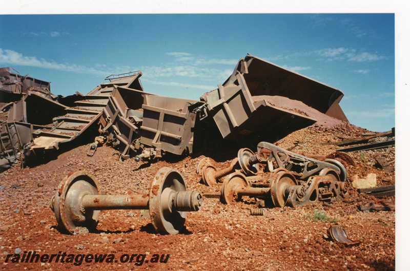 P18982
Derailment of BHP Iron ORE (BHPIO) iron ore train. Photo shows derailed wagons and bogies
