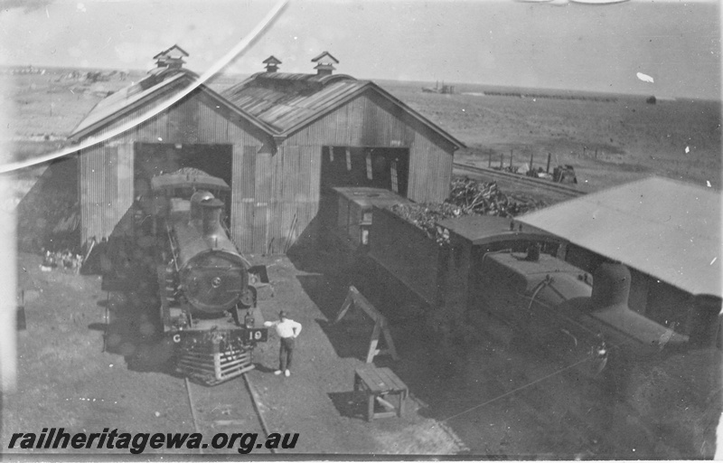 P19159
Commonwealth Railways (CR) G class 19, KA class steam loco, Mr Liston, outside sheds, TAR line, elevated view
