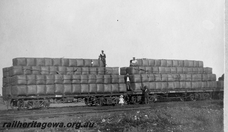 P19192
Commonwealth Railways (CR) H class 353 flat wagon, G class flat wagon, both loaded with wool bales, part of the first special wool train, workers, Hesso, TAR line, end and side view
