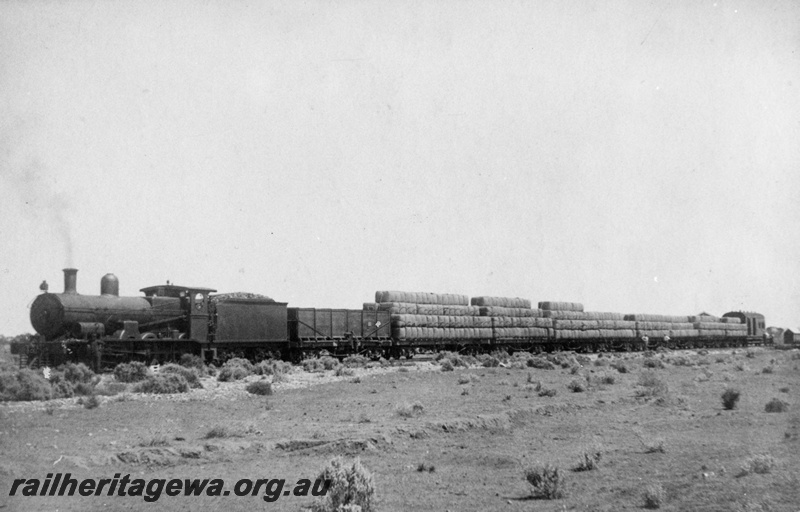 P19194
Commonwealth Railways (CR) G class steam loco on a wool train, Hesso, TAR line, front and side view
