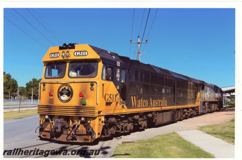 P19343
Watco Australia G class 511 leading VL class 357 departing the site of the Rail Transport Museum, Bassendean, front and side view.
