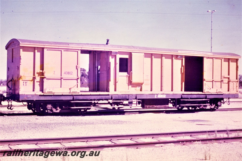 P19384
Ex MRWA Z class 40812 brakevan, formally FA class 57, yellow livery, Forrestfield Yard, end and side view
