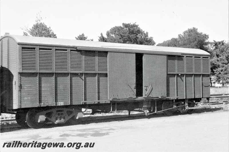 P19484
VF class 23291 louvered bogie van in original condition, brown livery, Subiaco, end and side view, c.mid 1960s
