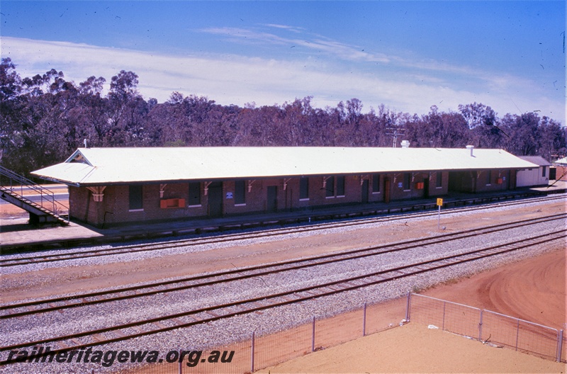 P19568
Station building, Narrogin, GSR line, elevated view across the yard from the footbridge looking east, shows the degree of rationalisation of the yard by 2002
