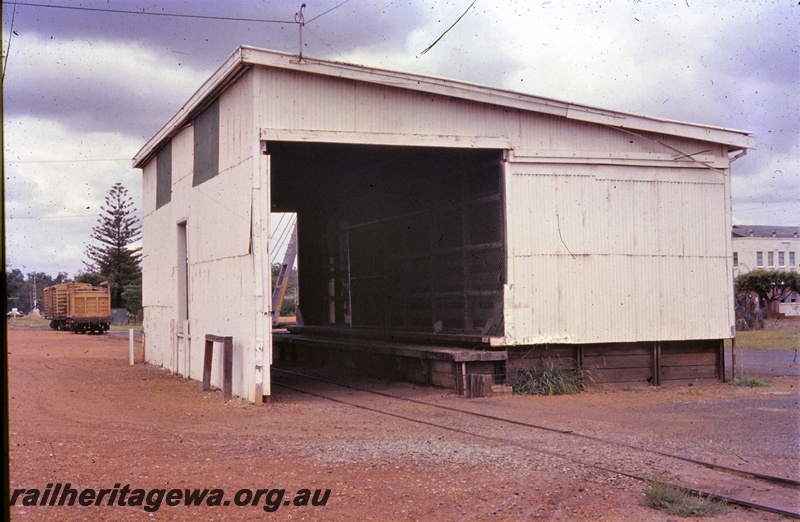 P19580
Goods shed, Harvey, SWR line, side and end view, shows the access opening in the high side 
