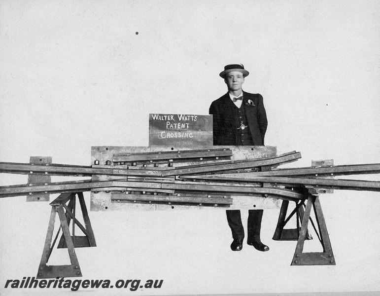 P19677
Walter (Wally) Watts (1872-1946), Watts worked as a blacksmith at the Midland Junction Workshops where he invented and patented a number of track devices (points and crossings) including a universal movement switch.
