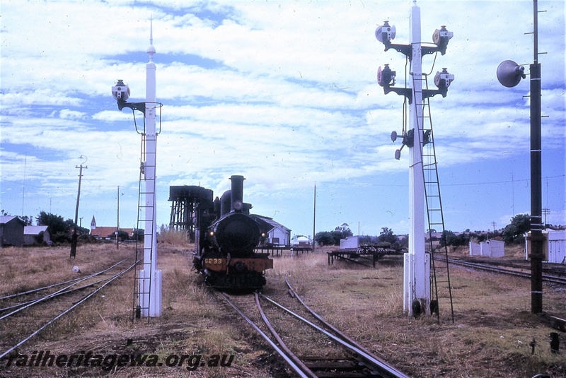 P19835
G class 233, water tower, loco shed, other buildings, disc signals, points, Brunswick Junction, SWR line, front view of loco
