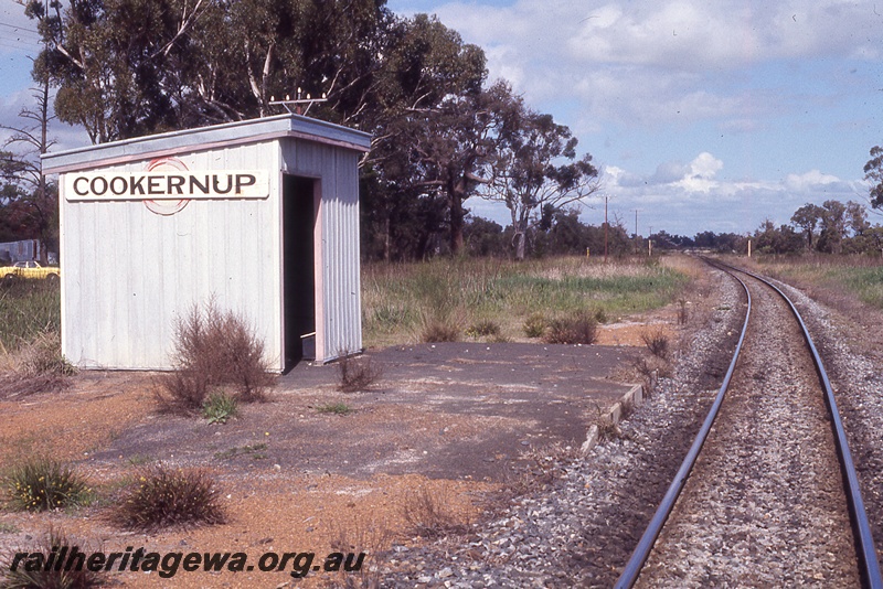 P19945
Station shed, with nameboard, track, Cookernup, SWR line
