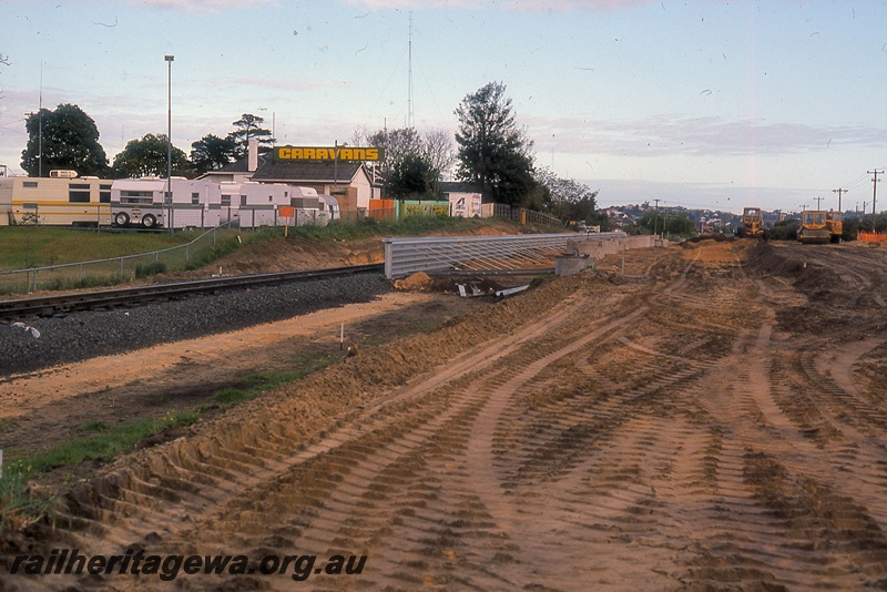 P19960
Section of track, caravan park, earthworks, earth moving equipment, Walliston, UDDR line
