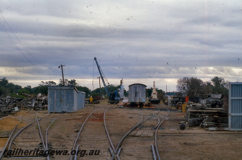 P19968
Yard, sheds, cranes, van, timber piles, Busselton, BB line
