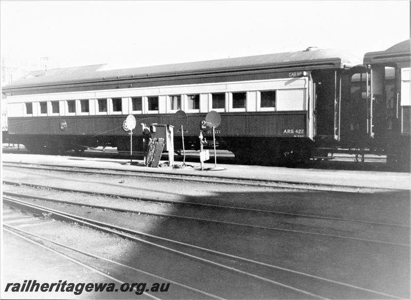 P21115
ARS class 422, another 2nd class sleeping coach (part), signs, Perth, ER line, side and end view
