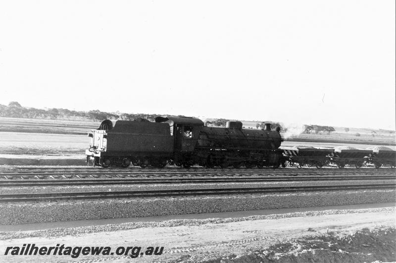 P21118
W class loco on ballast train, narrow and dual gauge tracks, West Merredin Yard, EGR line, rear and side view
