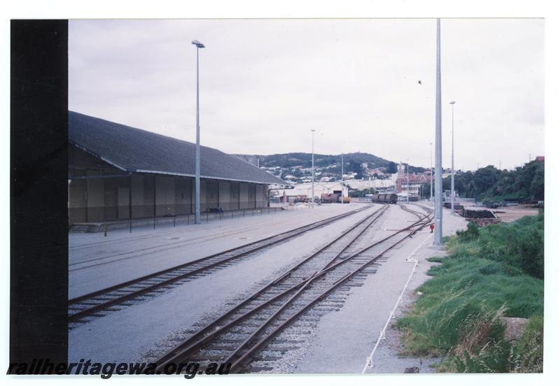 P21454
Pointwork, sidings, sheds, wagons in distance, yard, Albany, GSR line, view from trackside 
