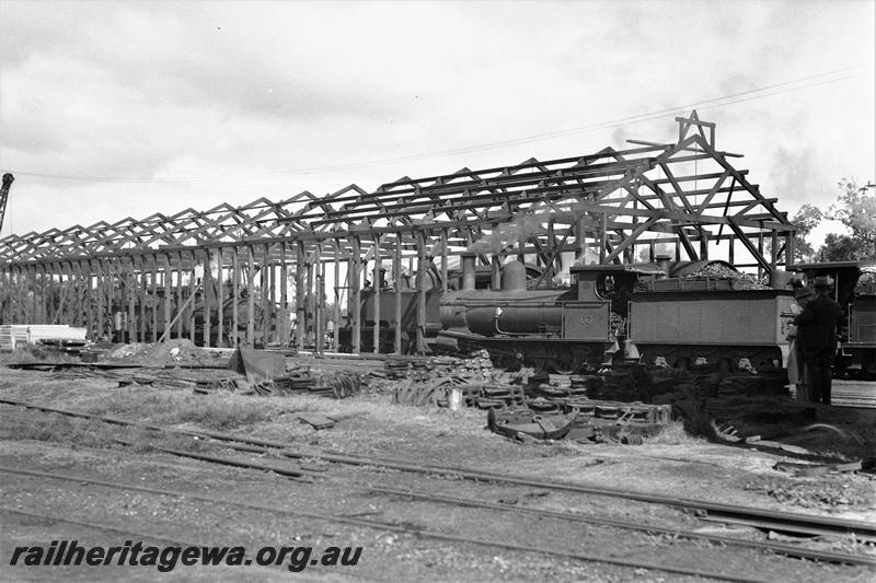 P21491
G class 66, tank loco, loco shed under construction, tracks, Midland, ER line, side and rear view
