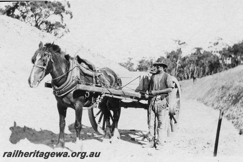 P21545
6 of 20 Construction Scenes of Third Beechina Deviation between Wooroloo and Chidlow ER line c1920s, horse drawn cart, worker, Lehman's Cutting
