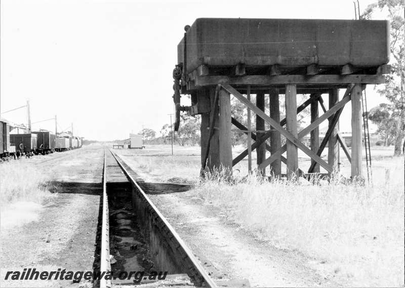 P21714
Water tower, pit, wagons, sidings, trackside building, loading platform, Muntadgin, NKM line, view along tracks
