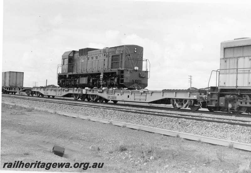 P21715
A class 1511, loaded on flat wagon WFL class 30059, being part of a Perth bound goods train, Merredin, EGR line, view from trackside 
