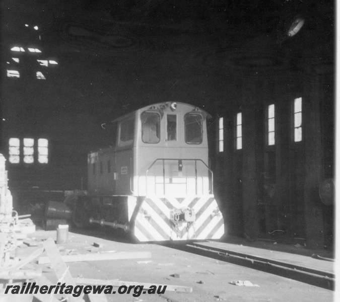 P21822
State Saw Mill diesel loco, in shed, Pemberton, PP line, side and rear view
