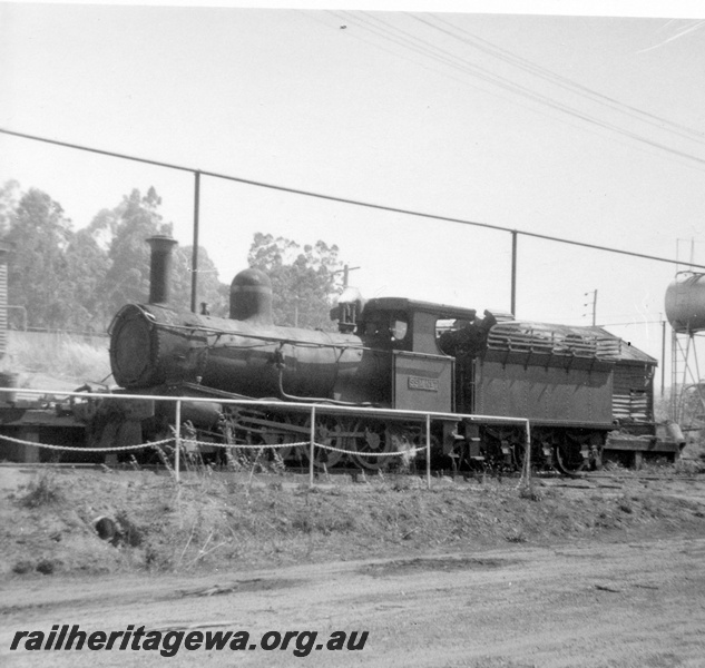 P21823
State Saw Mill G class No 7, elevated tank, Pemberton, PP line, front and side view
