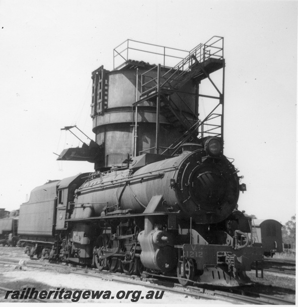 P21842
V class 1212, at the coaling tower, Midland, ER line, side and front view
