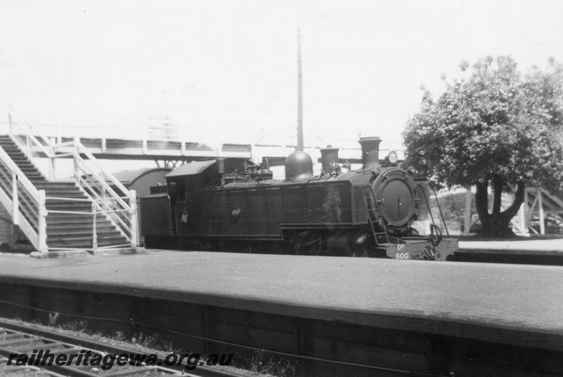 P21875
DD class 600, on excursion train, platforms, tree on platform, overhead footbridge, leaving Claremont, ER line, side and front view
