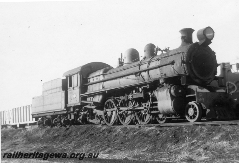 P21878
P class 516, on scrap road, wagons, Midland, ER line, side and front view
