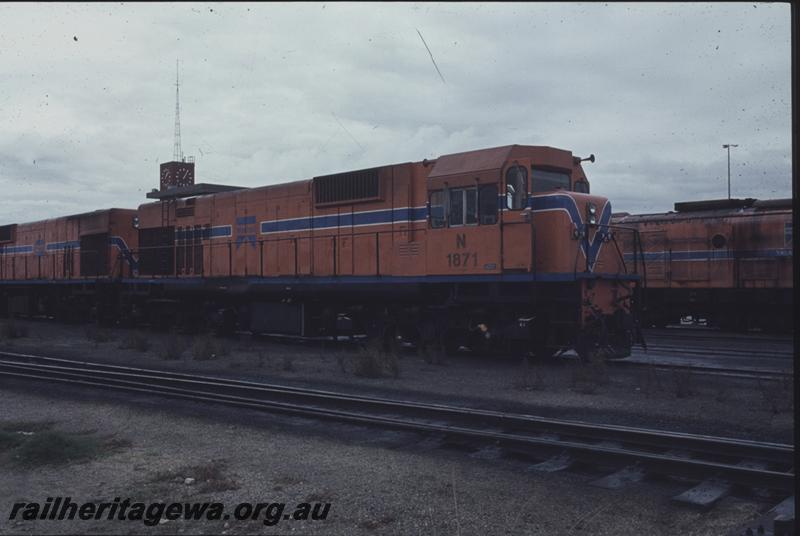 T01502
N class 1871, orange livery, side and front view, Forrestfield Yard
