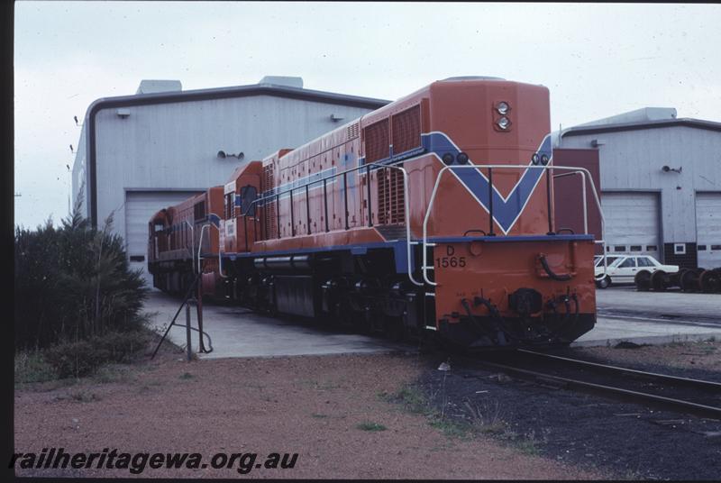T01517
D class 1565, Westrail orange livery, Picton loco depot, side and end view.

