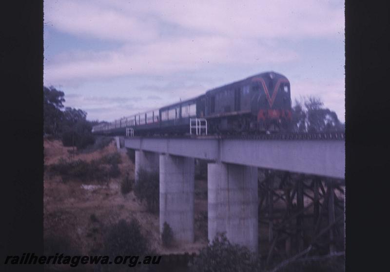 T02170
G class 50, steel girder bridge, remains of trestle bridge, Mogumber, MR line, ARHS tour train to Moora. 
