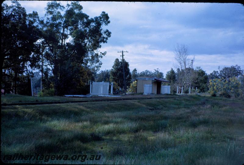 T03668
Portable shelter shed, station building, Mahogany Creek, M line, trackside view showing remains of the platform picket fence

