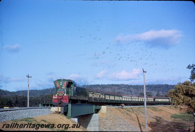 T03728
A class 1506, steel girder bridge overpass South West Highway, near Mundijong on the new Kwinana to Jarrahdale railway, ARHS tour train
