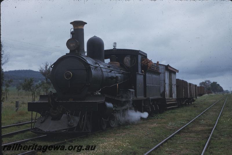 T03989
Millars loco No.71, on train with van in consist, front and side view
