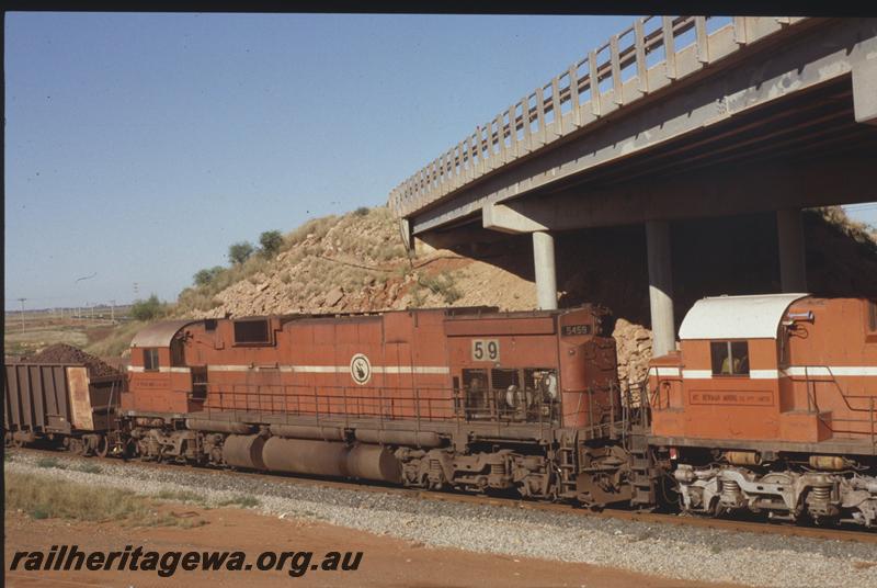 T04070
Mount Newman Mining Alco loco C636 class 5459, Redbank Bridge, loaded train, BHP line

