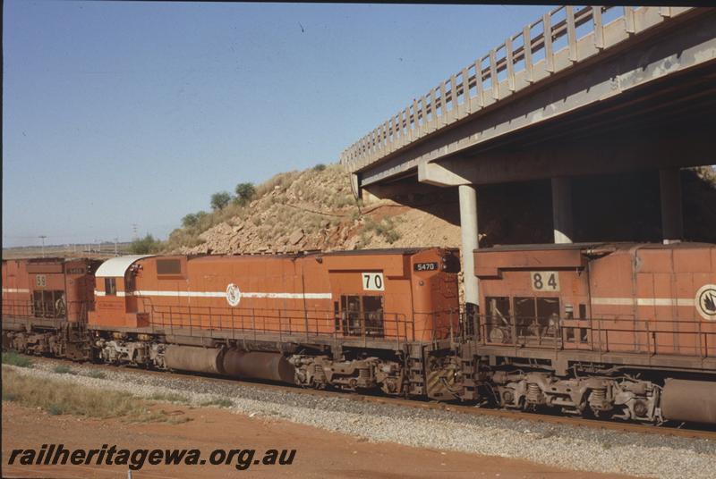 T04078
Mount Newman Mining Alco loco M636 class 5470, inbetween M636 class 5484 and C636 class 5459, Redbank Bank Bridge, Port Hedland, BHP line
