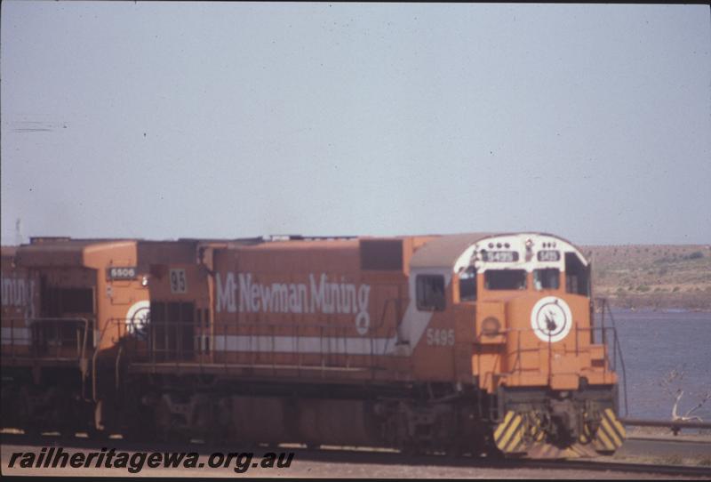 T04079
Mount Newman Mining Alco loco M636 class 5495 in the later Mount Newman Mining livery, CM36-7 class 5506, Nelson Point, Port Hedland
