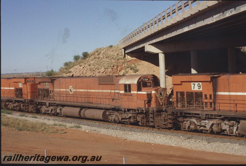 T04083
Mount Newman Mining Alco loco M636 class 5484, inbetween two other M636 class 5479 and 5470, Redbank Bank Bridge, Port Hedland, BHP line
