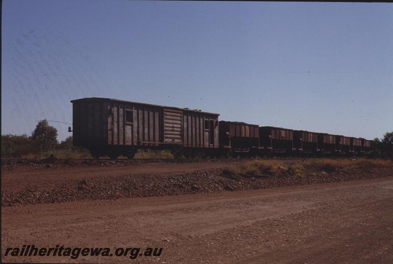 T04106
Goldsworthy, loaded train departing with BC class goods van, or BDV breakdown van, used to convey parts from Finucane Island to Goldsworthy, BHP line
