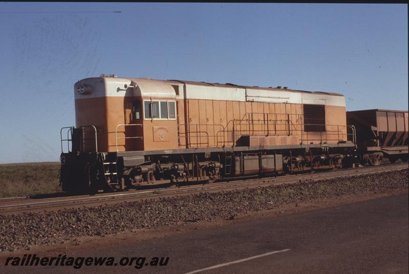 T04107
Goldsworthy Mining Limited English Electric loco A class 3, empty train, Boodarie
