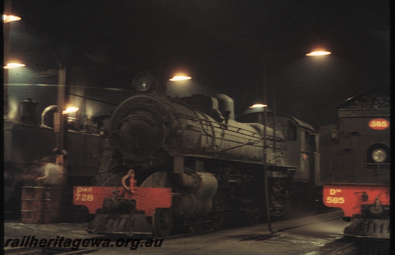 T04480
PMR class 728 and DD class 585 steam locomotives in the East Perth Locomotive shed.
