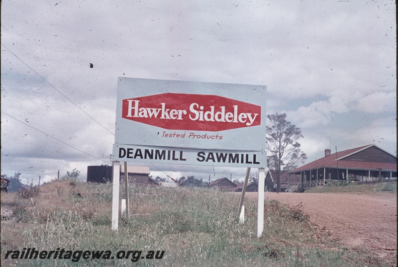T04535
Hawker Siddeley's sign at entrance to the Deanmill Sawmill. The building in the background is possibly the Mill Manager's house.
