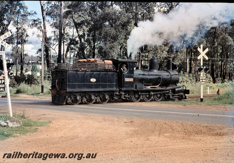 T04541
State Saw Mills loco SSM No.2 travelling across a level crossing tender first in the Manjimup area.
