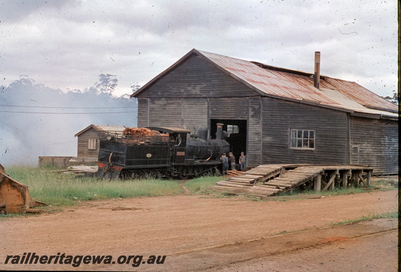 T04546
State Saw Mills loco SSM No. 2, outside a shed at a South West Sawmill , end and side view.

