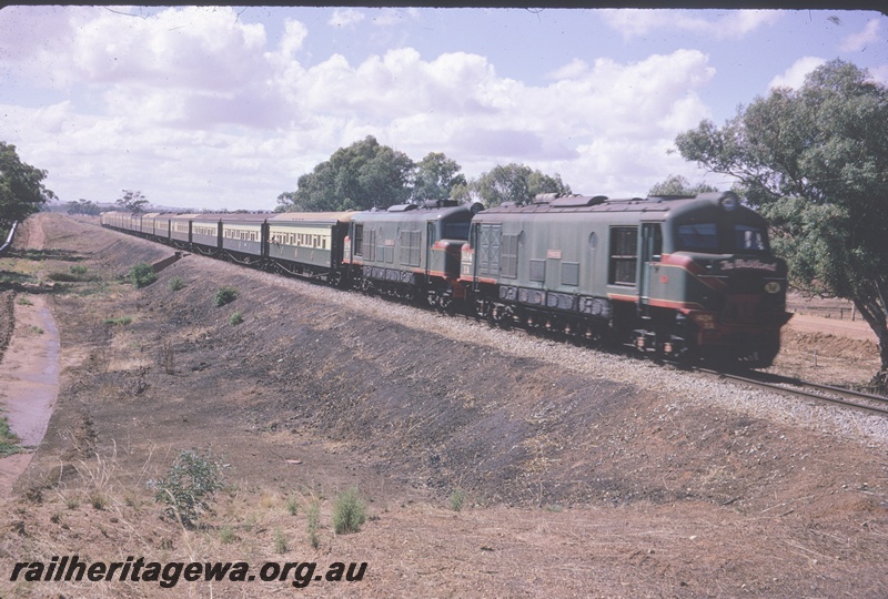 T04597
Multiple coupled XA class diesel locomotives hauling 'The Westland' express in the Beechina - Chidlow section. ER line.
