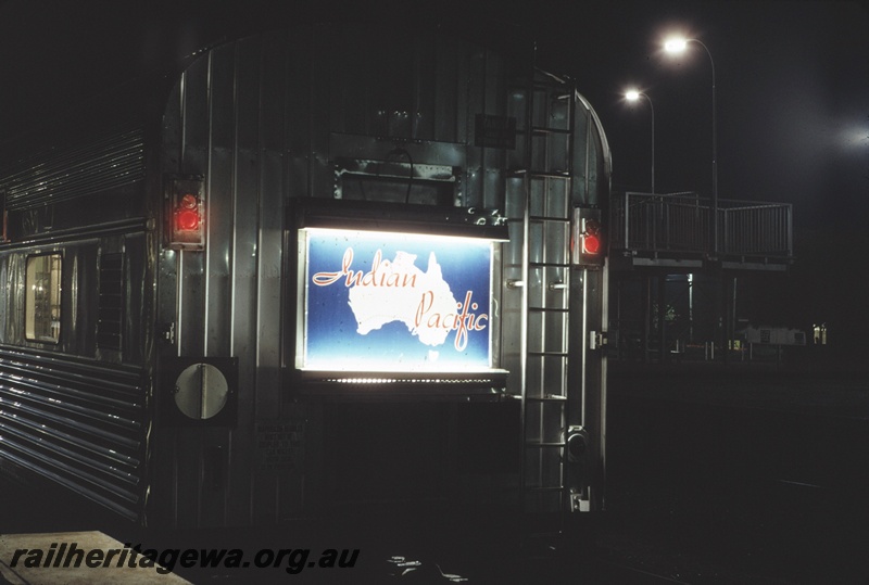 T04618
The illuminated tail sign for 'The Indian Pacific' as pictured at Perth Terminal prior to departure.
