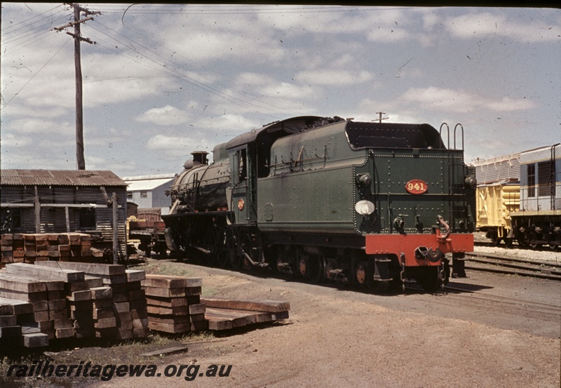 T04692
W class 941 steam locomotive pictured at the Midland Workshops , end and side view, white tail disc on the rear of the tender, .
