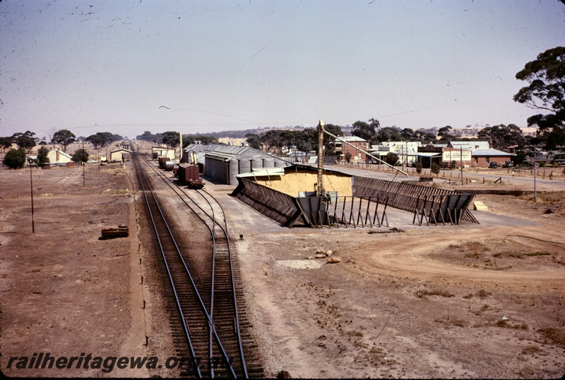 T04954
Station yard, station building, water tower, sidings, vans, wagons, goods shed, wheat bins, hotel, shops, Doodlakine, EGR line, long view from elevated position
